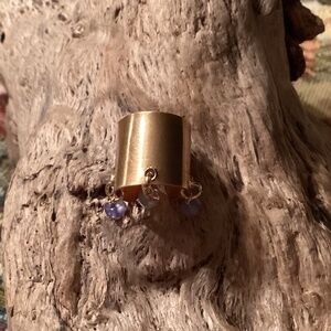 Wide Gold Brass Ear Cuff w/ Ethiopian Welo Blue Fire Opal Dangles